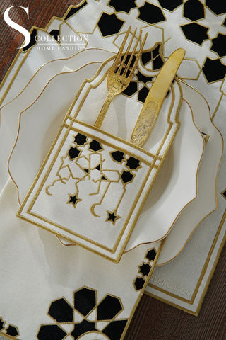 Ramadan Dome Design Black and Gold Placemat Set - Waterproof Fabric - 6 Persons - 24 Pcs. Full Set
