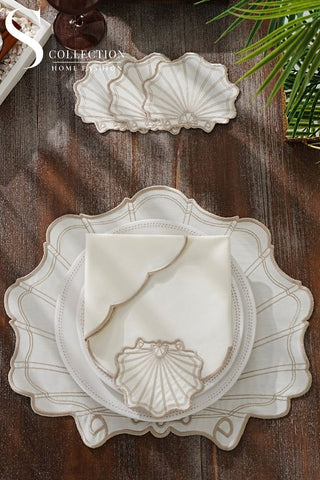 طقم مفارش سفرة - تصميم مارين - تطريز بنى فاتح (كابتشينو) - قماش مقاوم للماء - ٦ اشخاص - ٢٤ قطعة - طقم كامل  