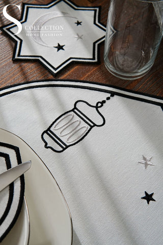 Ramadan Qamar Design Black and Silver Placemat Set - Waterproof Fabric - 6 Persons - 24 Pcs. Full Set