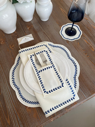 Leafy Allure Blue Design Placemat Set - Waterproof Fabric - 6 Persons - 24 Pcs. Full Set