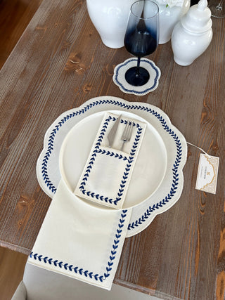 Leafy Allure Blue Design Placemat Set - Waterproof Fabric - 6 Persons - 24 Pcs. Full Set