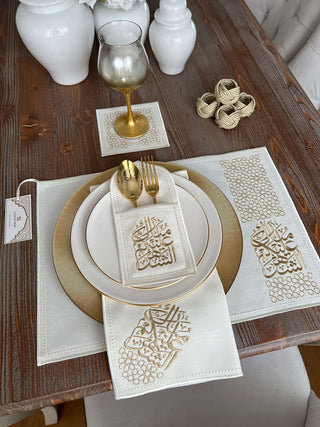 Ramadan Design Gold Chic Placemat Set -Waterproof Fabric - 6 Persons - 30 Pcs. Full Set