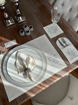 Ramadan Design Silver Chic Placemat Set -Waterproof Fabric - 6 Persons - 30 Pcs. Full Set