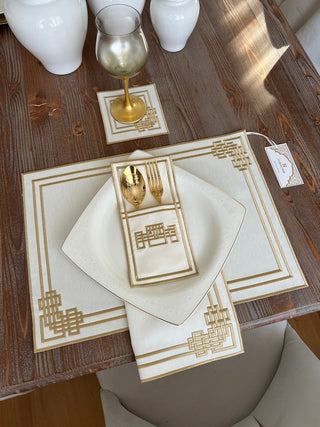 Pyramid Design Gold Placemat Set - Waterproof Fabric - 6 Persons - 24 Pcs. Full Set