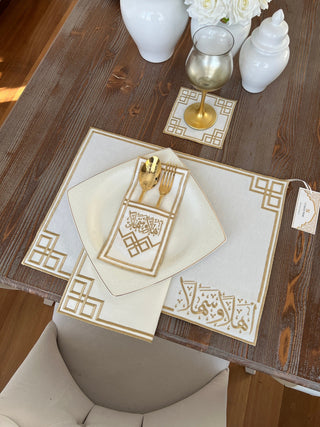 Welcome Elegance Gold Design Placemat Set - Waterproof Fabric - 6 Persons - 24 Pcs. Full Set