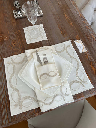 Olive Branch Silver Design Placemat Set - Waterproof Fabric - 6 Persons - 24 Pcs. Full Set