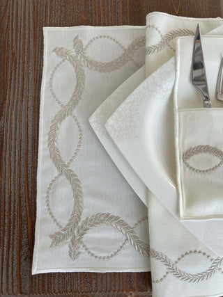 Olive Branch Silver Design Placemat Set - Waterproof Fabric - 6 Persons - 24 Pcs. Full Set