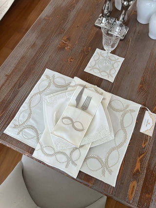 Olive Branch Silver Design Placemat Set - Waterproof Fabric - 6 Persons - 24 Pcs. Full Set