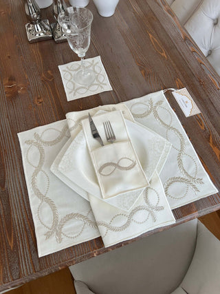 Olive Branch Silver Design Placemat Set - Waterproof Fabric - 6 Persons - 24 Pcs. Full Set