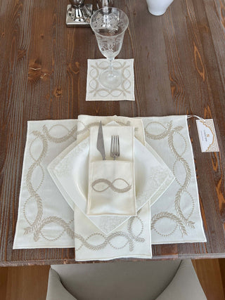 Olive Branch Silver Design Placemat Set - Waterproof Fabric - 6 Persons - 24 Pcs. Full Set