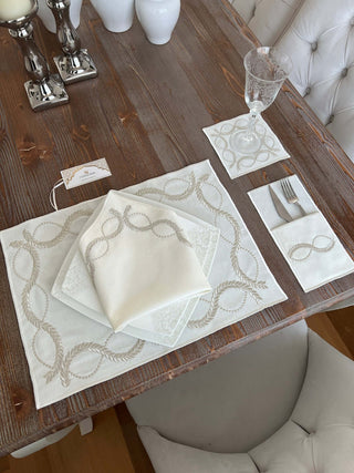 Olive Branch Silver Design Placemat Set - Waterproof Fabric - 6 Persons - 24 Pcs. Full Set