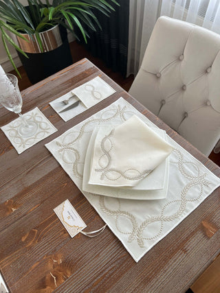 Olive Branch Silver Design Placemat Set - Waterproof Fabric - 6 Persons - 24 Pcs. Full Set