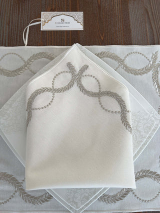 Olive Branch Silver Design Placemat Set - Waterproof Fabric - 6 Persons - 24 Pcs. Full Set