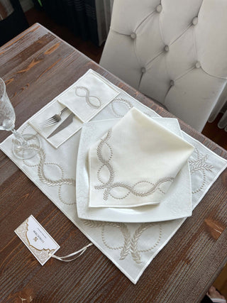 Olive Branch Silver Design Placemat Set - Waterproof Fabric - 6 Persons - 24 Pcs. Full Set