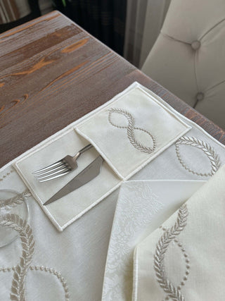 Olive Branch Silver Design Placemat Set - Waterproof Fabric - 6 Persons - 24 Pcs. Full Set