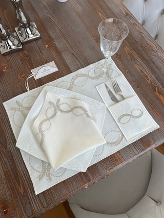 Olive Branch Silver Design Placemat Set - Waterproof Fabric - 6 Persons - 24 Pcs. Full Set