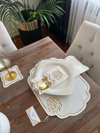 Ramadan Design Gold Wavy Placemat Set -Waterproof Fabric - 6 Persons - 30 Pcs. Full Set