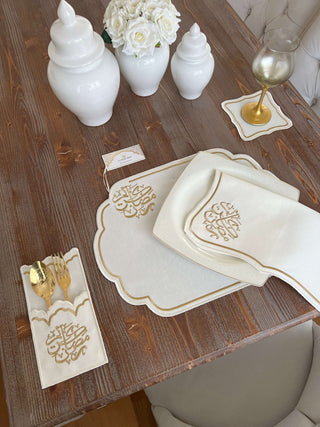 Ramadan Design Gold Wavy Placemat Set -Waterproof Fabric - 6 Persons - 30 Pcs. Full Set