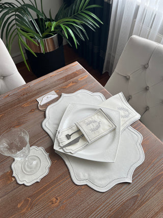 Laurel Wreath Silver Design Placemat Set - Waterproof Fabric - 6 Persons - 24 Pcs. Full Set