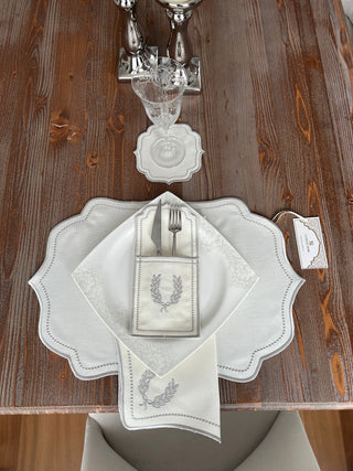 Laurel Wreath Silver Design Placemat Set - Waterproof Fabric - 6 Persons - 24 Pcs. Full Set