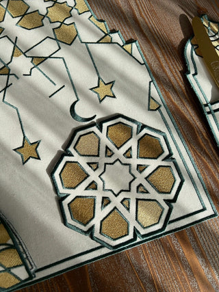 Ramadan Dome Design Green and Gold Placemat Set - Waterproof Fabric - 6 Persons - 30 Pcs. Full Set