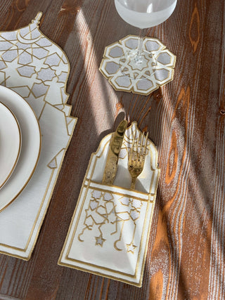 Ramadan Dome Design Silver and Gold Placemat Set - Waterproof Fabric - 6 Persons - 30 Pcs. Full Set