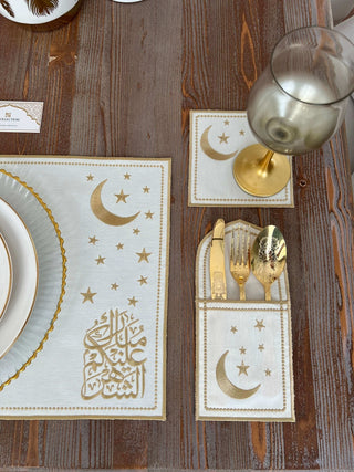 Ramadan Design Gold Glamorous Placemat Set -Waterproof Fabric - 6 Persons - 24 Pcs. Full Set