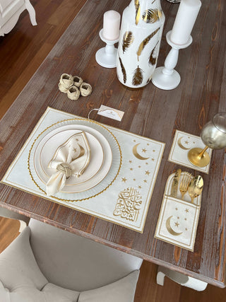 Ramadan Design Gold Glamorous Placemat Set -Waterproof Fabric - 6 Persons - 24 Pcs. Full Set