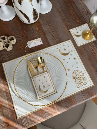 Ramadan Design Gold Glamorous Placemat Set -Waterproof Fabric - 6 Persons - 24 Pcs. Full Set