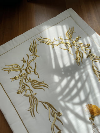 Tulip Design Luxury Prayer Rug - Gold Colour Embroidered On Off White Fabric