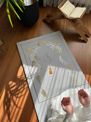 Tulip Design Luxury Prayer Rug - Gold-white Colour Embroidered On Grey Fabric