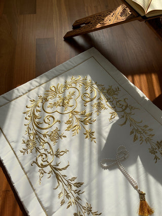 Ivy Design Luxury Prayer Rug - Gold Colour Embroidered On Off White Fabric