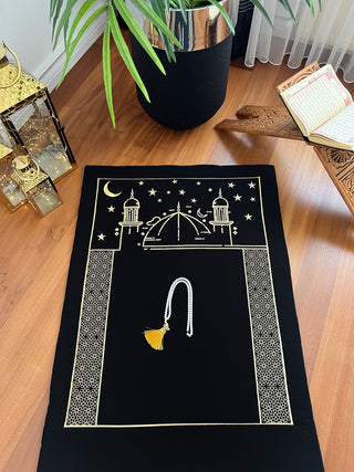 Mosque Design Luxury Prayer Rug - Gold Colour Embroidered On Black Fabric