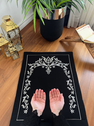 Lily Design Luxury Prayer Rug - Silver Colour Embroidered On Black Fabric