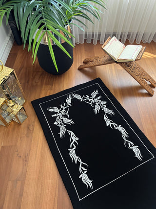 Tulip Design Luxury Prayer Rug - Silver Colour Embroidered On Black Fabric