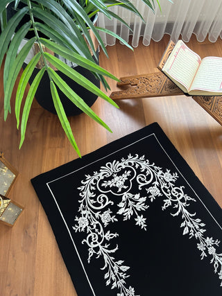 Ivy Design Luxury Prayer Rug - Silver Colour Embroidered On Black Fabric