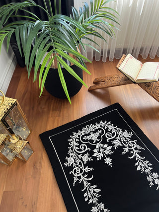 Ivy Design Luxury Prayer Rug - Silver Colour Embroidered On Black Fabric