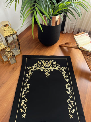 Lily Design Luxury Prayer Rug - Gold Colour Embroidered On Black Fabric