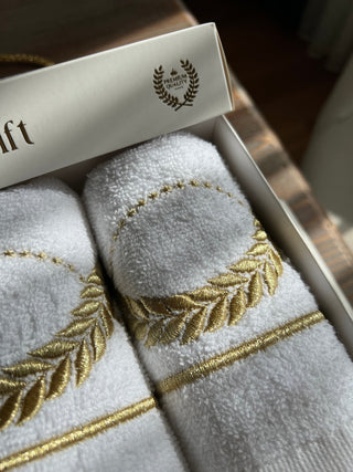 Olive Branch Design Gift Towel Set - Gold Embroidered