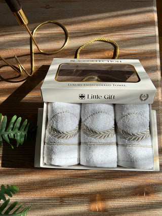 Olive Branch Design Gift Towel Set - Silver Embroidered