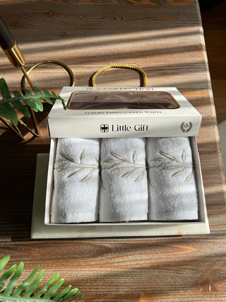 Flower Design Gift Towel Set - Silver Embroidered