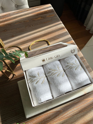 Flower Design Gift Towel Set - Silver Embroidered