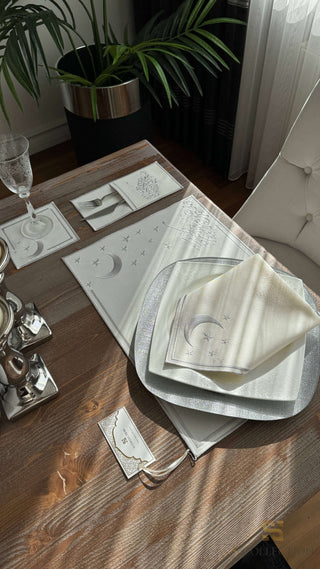 Ramadan Design Silver Stellar Serenity Placemat Set -Waterproof Fabric - 6 Persons - 24 Pcs. Full Set