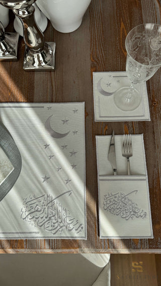 Ramadan Design Silver Stellar Serenity Placemat Set -Waterproof Fabric - 6 Persons - 24 Pcs. Full Set