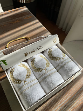 Laurel Wreath Design Gift Towel Set - Gold and Silver Embroidered