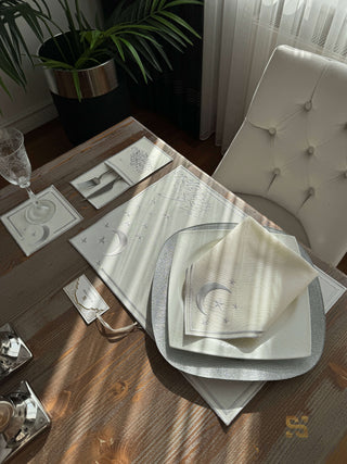 Ramadan Design Silver Stellar Serenity Placemat Set -Waterproof Fabric - 6 Persons - 24 Pcs. Full Set