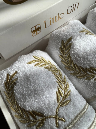 Laurel Wreath Design Gift Towel Set - Gold and Silver Embroidered