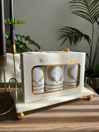 Laurel Wreath Design Gift Towel Set - Gold Embroidered