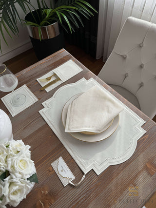 Graceful Off White Design Placemat Set - Waterproof Fabric - 6 Persons - 24 Pcs. Full Set