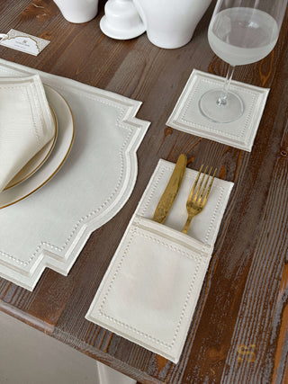 Graceful Off White Design Placemat Set - Waterproof Fabric - 6 Persons - 24 Pcs. Full Set